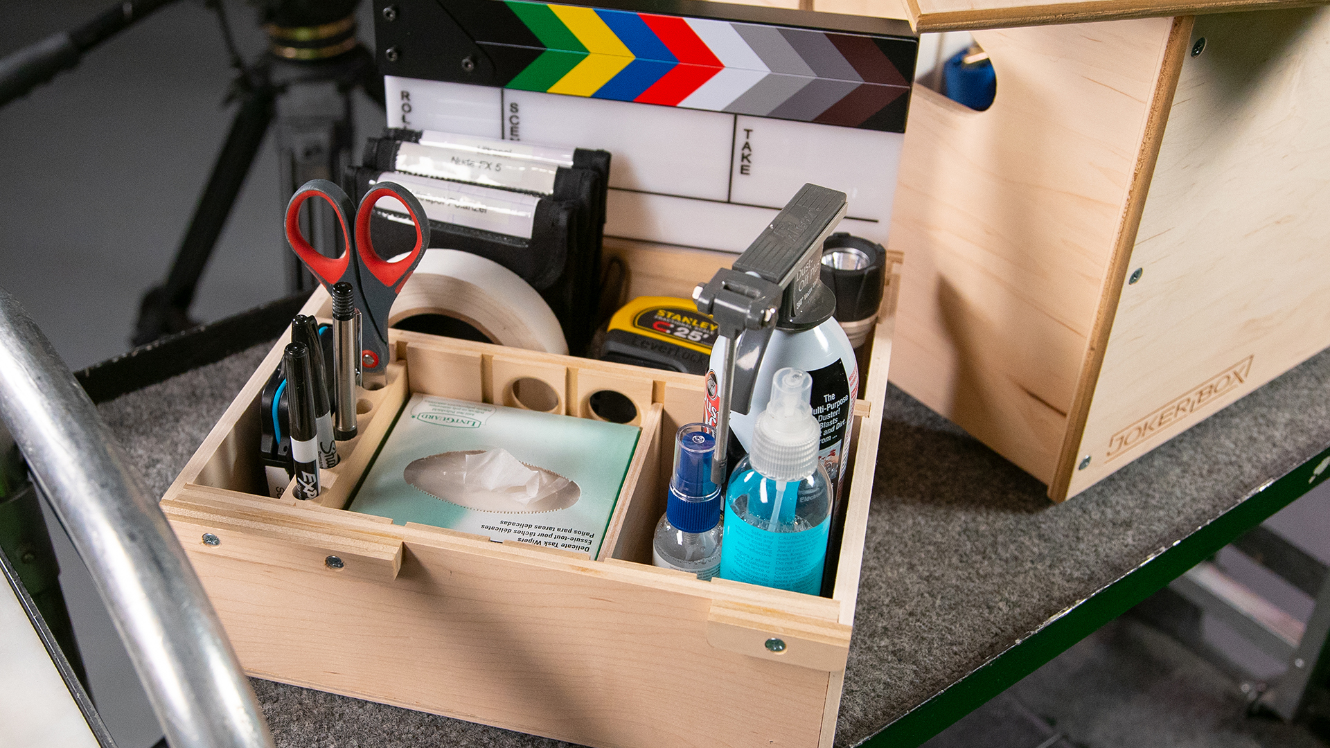 Box with art supplies and desk supplies