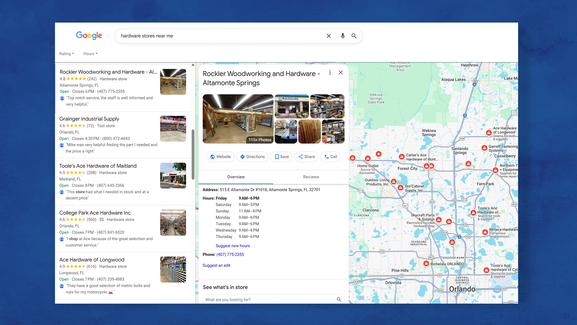 Google business profile of an orlando map pack search displaying local listings based on SEO and Search Marketing