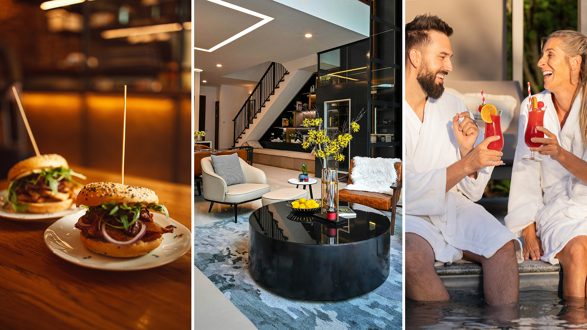 hotel imagery of food, lobby, and happy guests to promote brand story